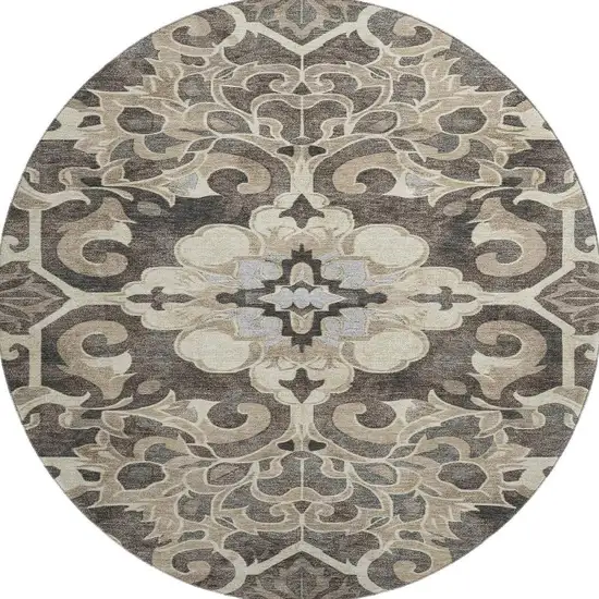 8' Chocolate Ivory And Gray Floral Medallion Washable Round Rug With UV Protection Photo 4