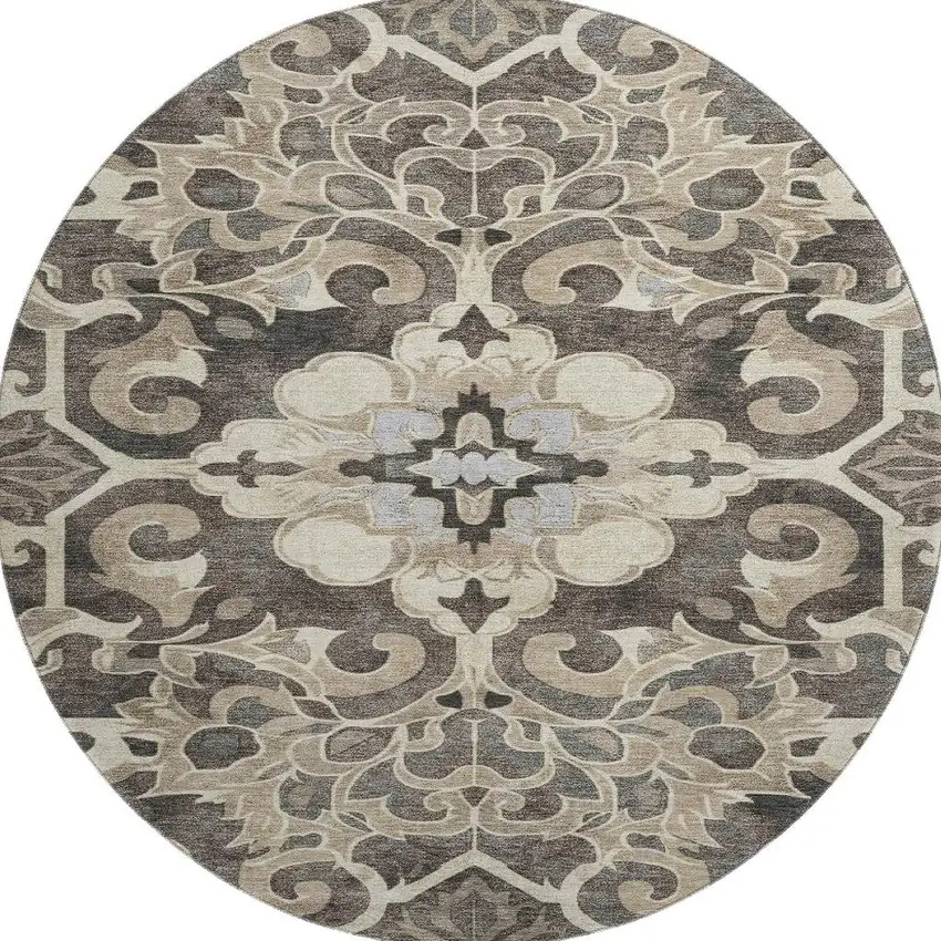 8' Chocolate Ivory And Gray Floral Medallion Washable Round Rug With UV Protection Photo 4