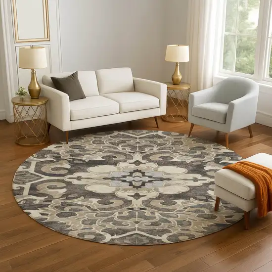 8' Chocolate Ivory And Gray Floral Medallion Washable Round Rug With UV Protection Photo 5