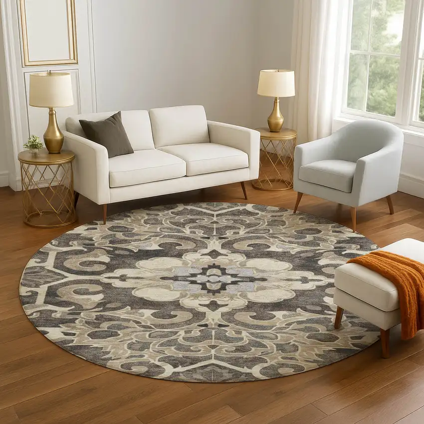 8' Chocolate Ivory And Gray Floral Medallion Washable Round Rug With UV Protection Photo 5