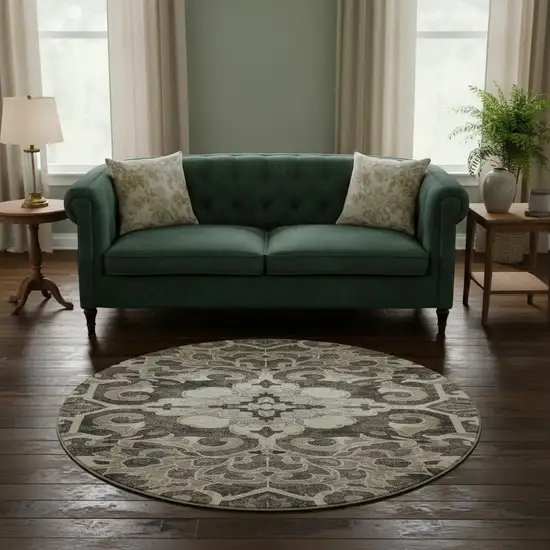 8' Chocolate Ivory And Gray Floral Medallion Washable Round Rug With UV Protection Photo 2