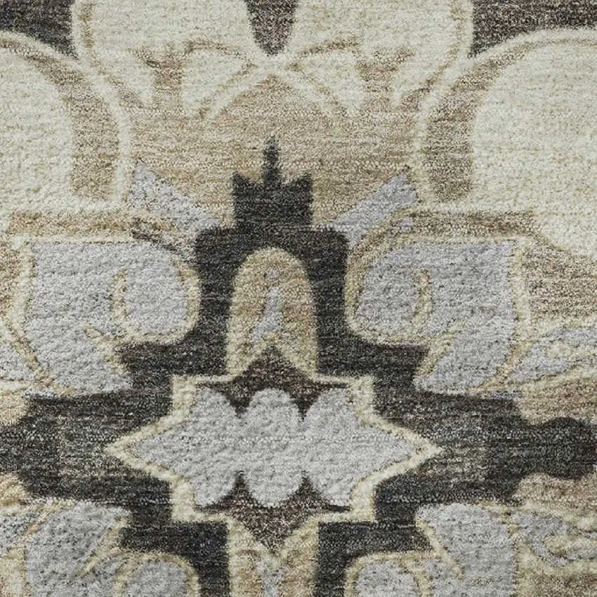 8' Chocolate Ivory And Gray Floral Medallion Washable Round Rug With UV Protection Photo 9