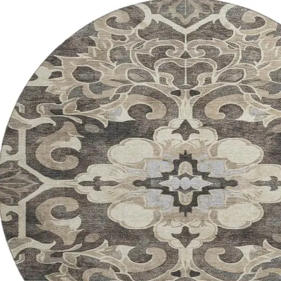 8' Chocolate Ivory And Gray Floral Medallion Washable Round Rug With UV Protection Photo 3