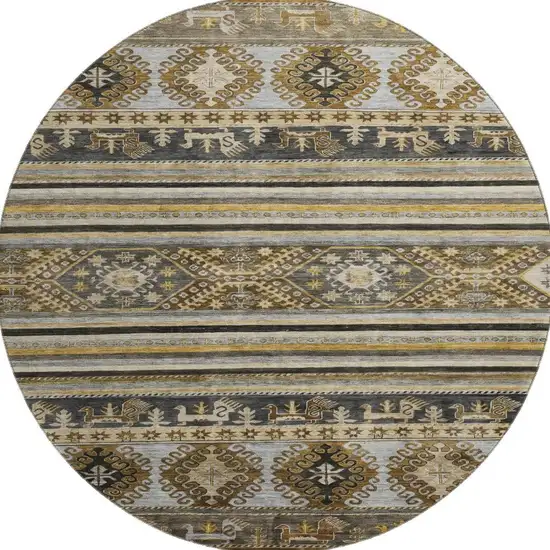 8' Chocolate Ivory And Gray Medallion Washable Round Rug With UV Protection Photo 3
