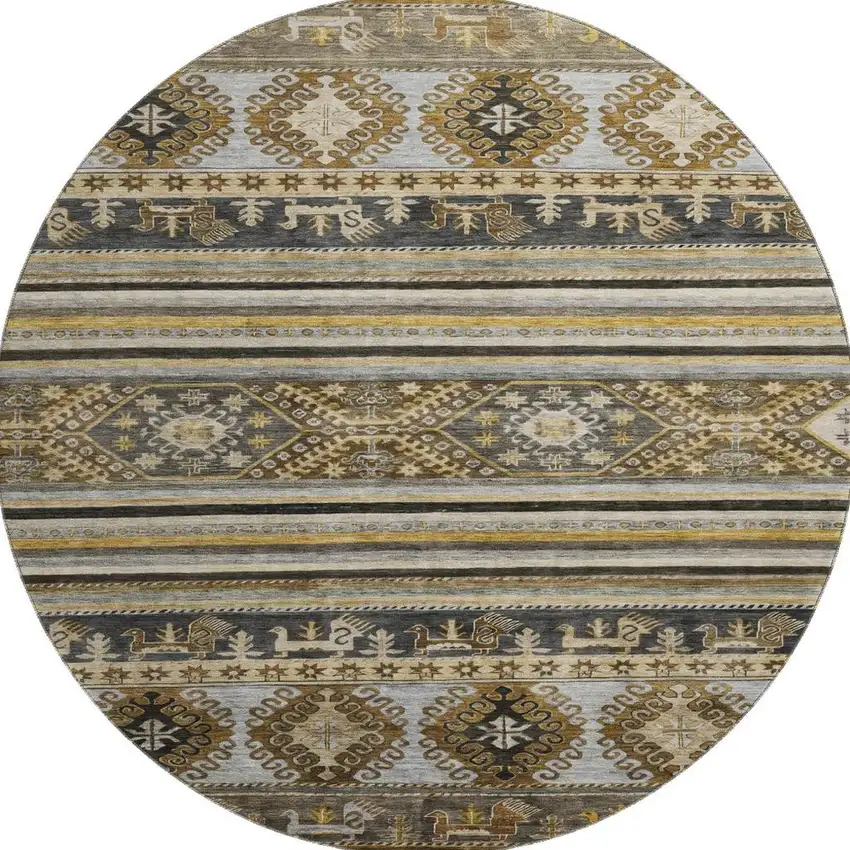 8' Chocolate Ivory And Gray Medallion Washable Round Rug With UV Protection Photo 3