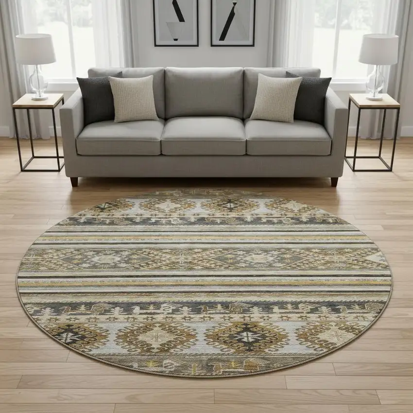 8' Chocolate Ivory And Gray Medallion Washable Round Rug With UV Protection Photo 2