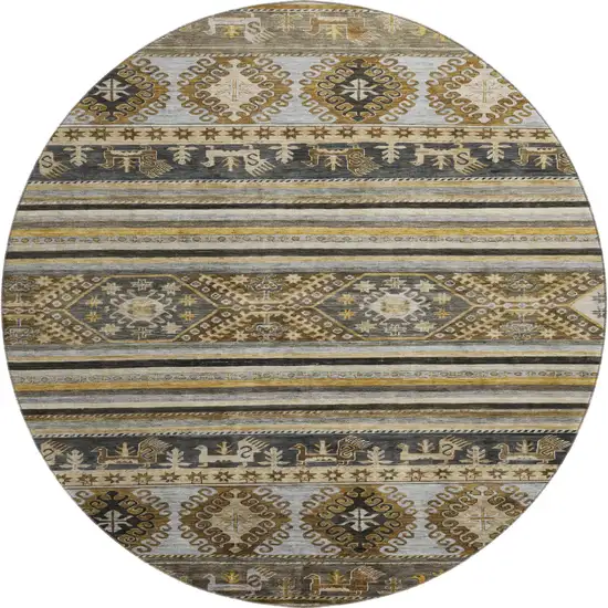 8' Chocolate Ivory And Gray Medallion Washable Round Rug With UV Protection Photo 1