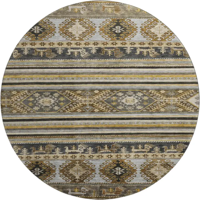 8' Chocolate Ivory And Gray Medallion Washable Round Rug With UV Protection Photo 1