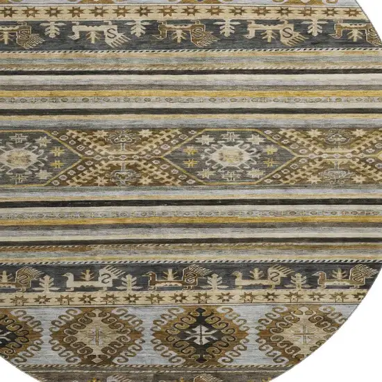 8' Chocolate Ivory And Gray Medallion Washable Round Rug With UV Protection Photo 2