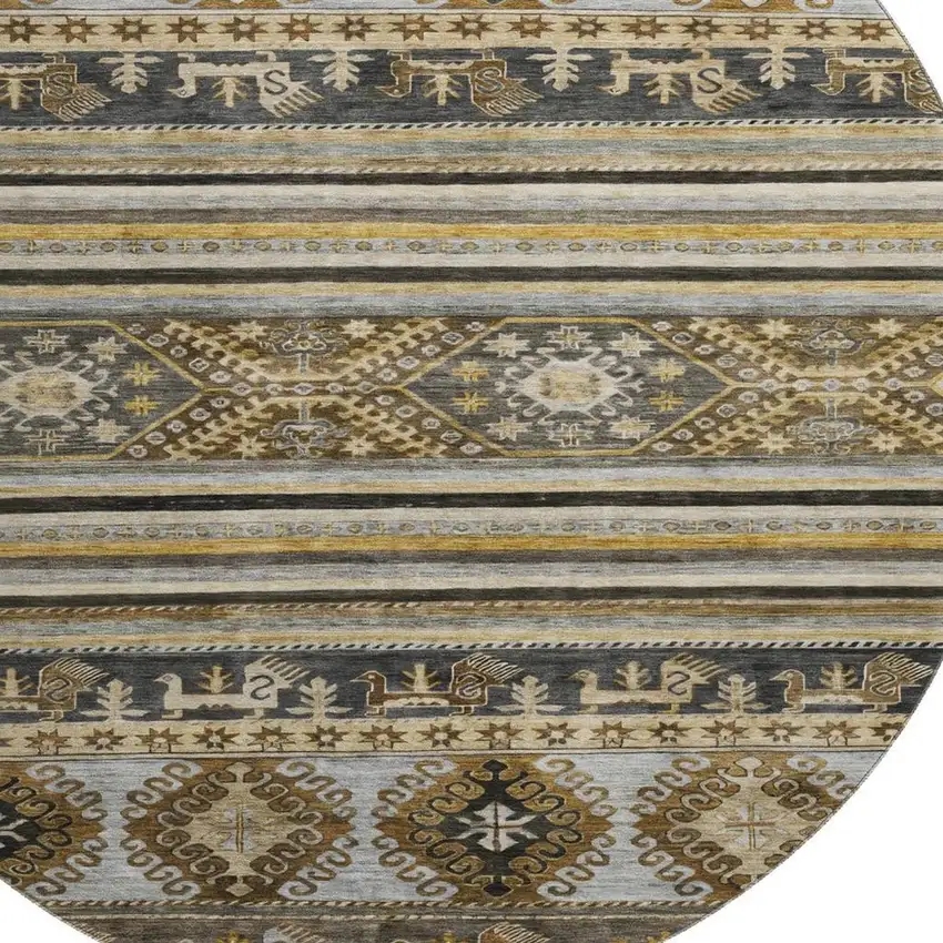 8' Chocolate Ivory And Gray Medallion Washable Round Rug With UV Protection Photo 2