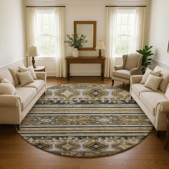 8' Chocolate Ivory And Gray Medallion Washable Round Rug With UV Protection Photo 4
