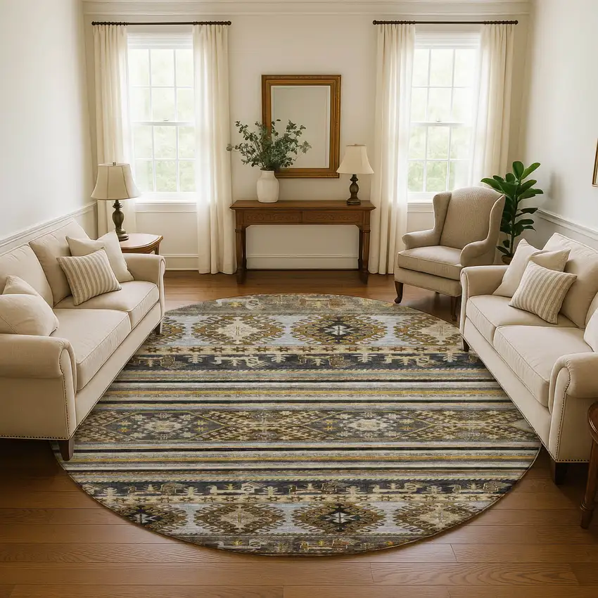 8' Chocolate Ivory And Gray Medallion Washable Round Rug With UV Protection Photo 4