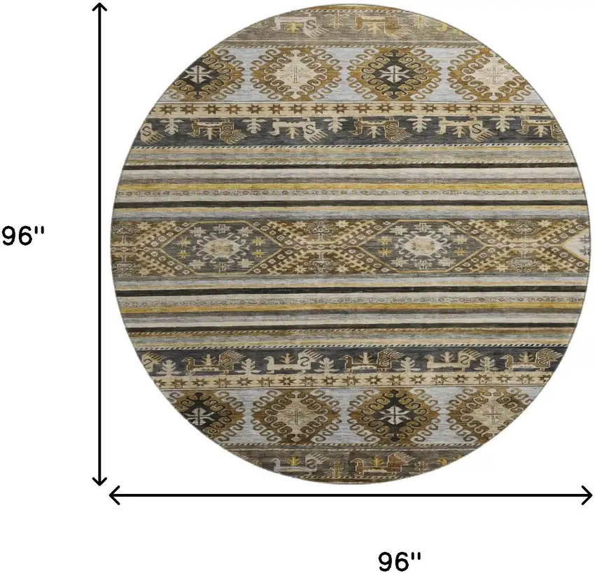 8' Chocolate Ivory And Gray Medallion Washable Round Rug With UV Protection Photo 9