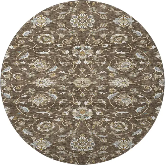 8' Chocolate Ivory And Gray Moroccan Washable Round Rug With UV Protection Photo 3