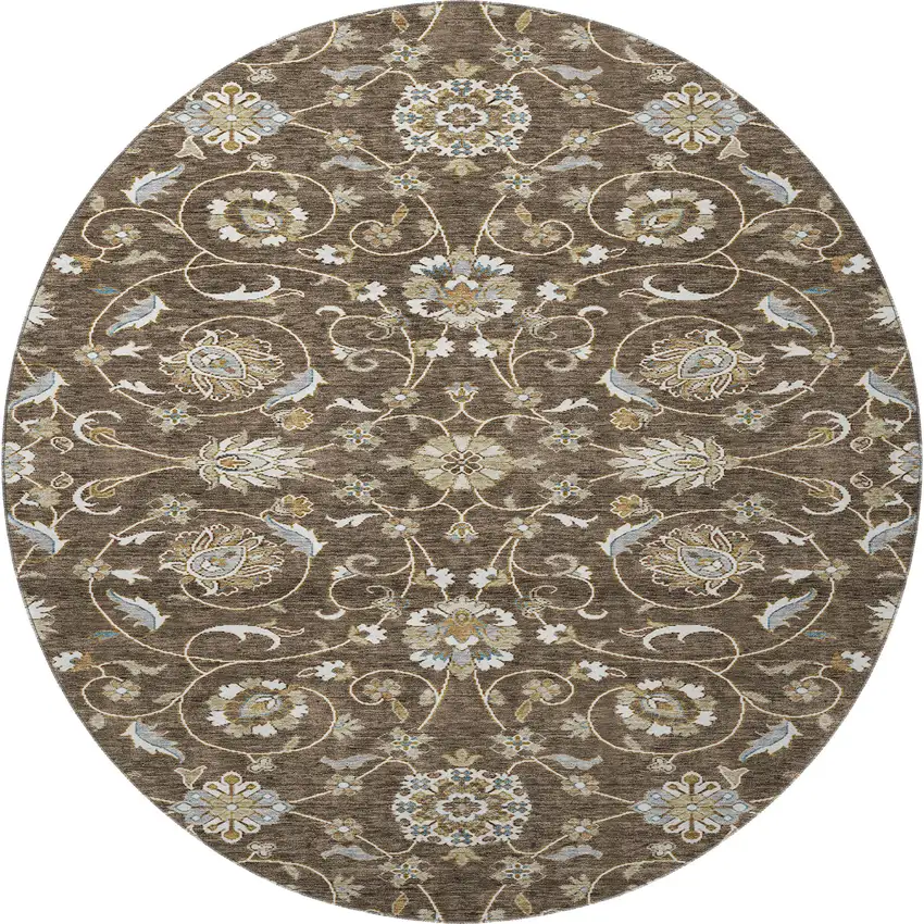 8' Chocolate Ivory And Gray Moroccan Washable Round Rug With UV Protection Photo 3