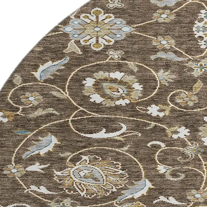 8' Chocolate Ivory And Gray Moroccan Washable Round Rug With UV Protection Photo 2