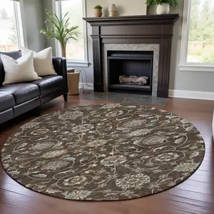 Photo of 8' Chocolate Ivory And Gray Moroccan Washable Round Rug With UV Protection