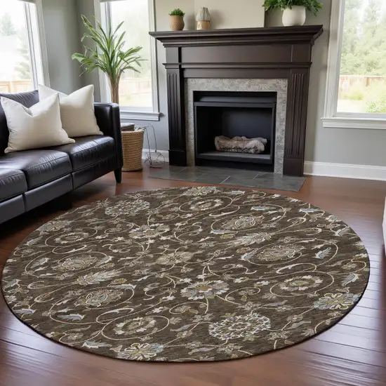 8' Chocolate Ivory And Gray Moroccan Washable Round Rug With UV Protection Photo 4