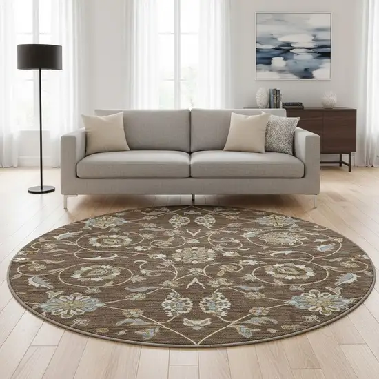 8' Chocolate Ivory And Gray Moroccan Washable Round Rug With UV Protection Photo 2