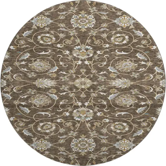 8' Chocolate Ivory And Gray Moroccan Washable Round Rug With UV Protection Photo 1