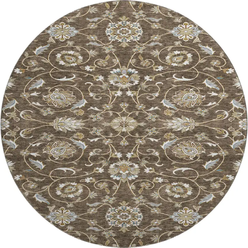 8' Chocolate Ivory And Gray Moroccan Washable Round Rug With UV Protection Photo 1