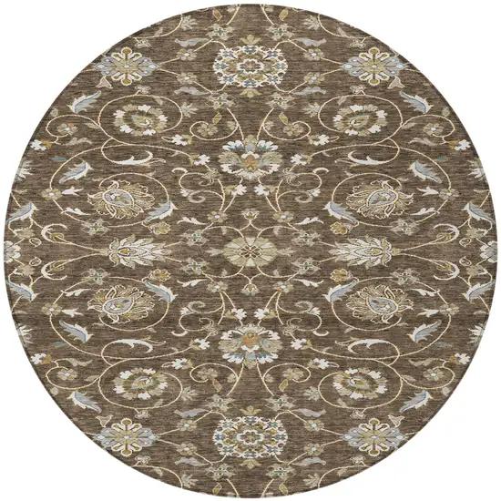 8' Chocolate Ivory And Gray Round Moroccan Washable Indoor Outdoor Area Rug Photo 7