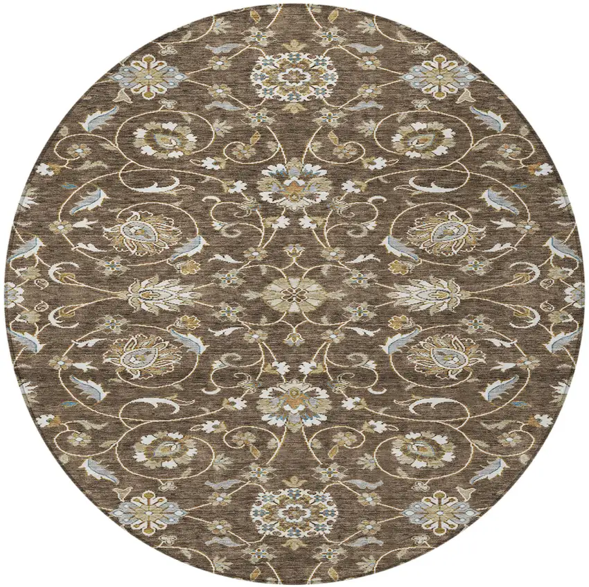 8' Chocolate Ivory And Gray Round Moroccan Washable Indoor Outdoor Area Rug Photo 7