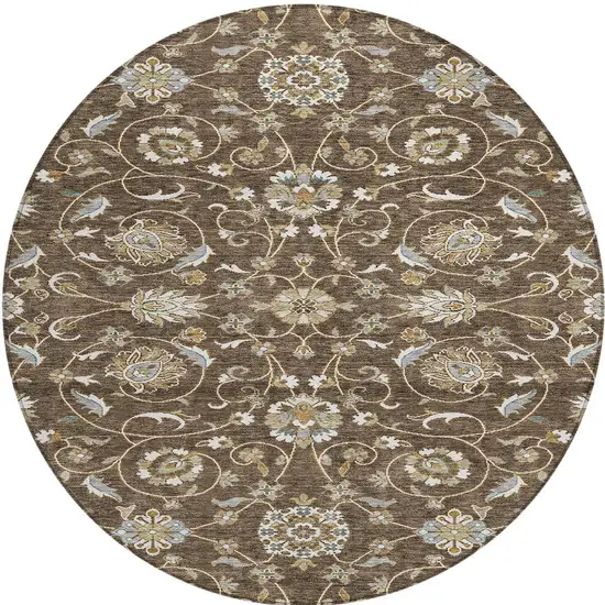 8' Chocolate Ivory And Gray Round Moroccan Washable Indoor Outdoor Area Rug Photo 6