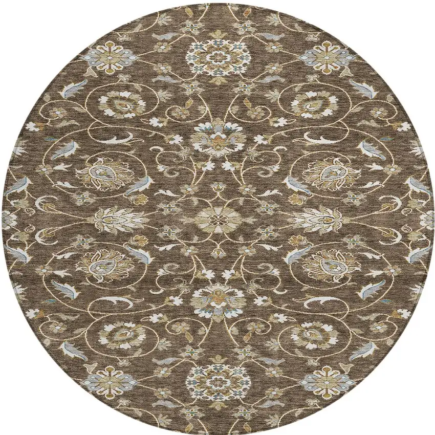 8' Chocolate Ivory And Gray Round Moroccan Washable Indoor Outdoor Area Rug Photo 6