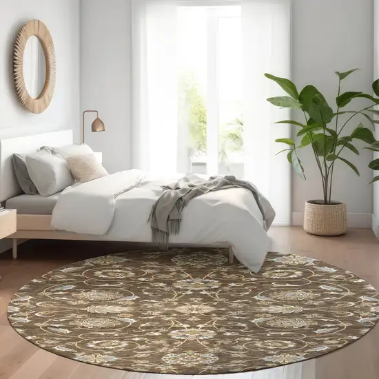 8' Chocolate Ivory And Gray Round Moroccan Washable Indoor Outdoor Area Rug Photo 9