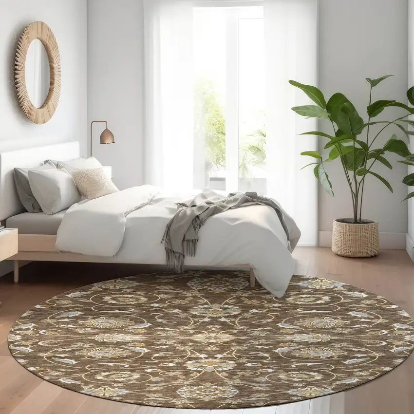 8' Chocolate Ivory And Gray Round Moroccan Washable Indoor Outdoor Area Rug Photo 9