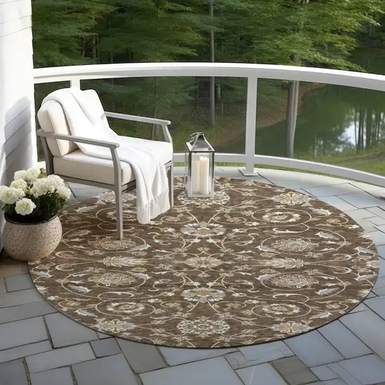 8' Chocolate Ivory And Gray Round Moroccan Washable Indoor Outdoor Area Rug Photo 8