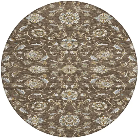 8' Chocolate Ivory And Gray Round Moroccan Washable Indoor Outdoor Area Rug Photo 2