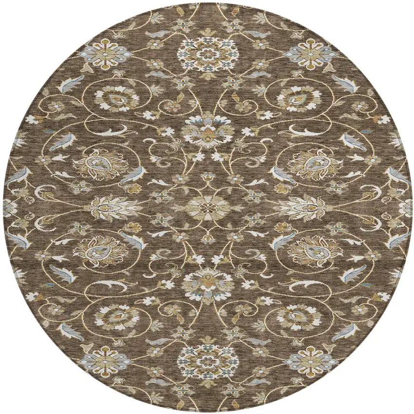 8' Chocolate Ivory And Gray Round Moroccan Washable Indoor Outdoor Area Rug Photo 2