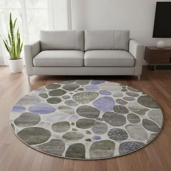 8' Chocolate Ivory And Lavender Geometric Washable Round Rug With UV Protection Photo 2