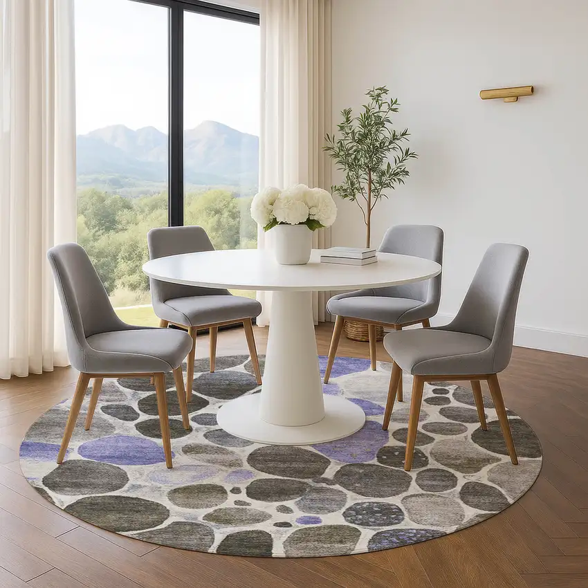 8' Chocolate Ivory And Lavender Geometric Washable Round Rug With UV Protection Photo 4