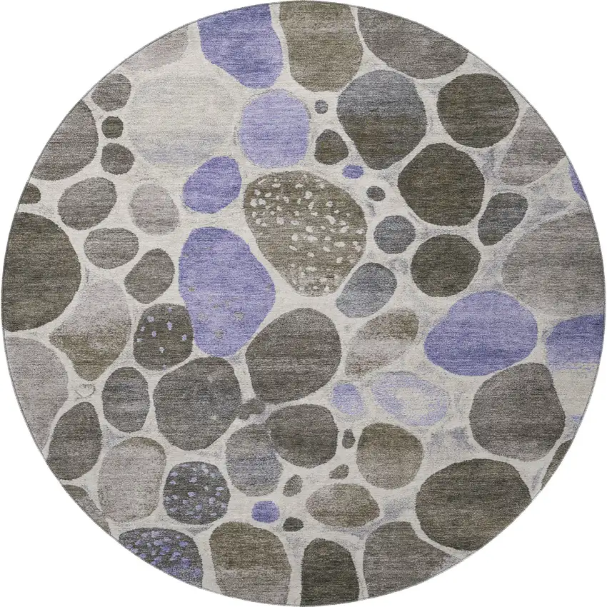 8' Chocolate Ivory And Lavender Geometric Washable Round Rug With UV Protection Photo 3