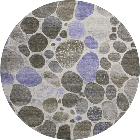 8' Chocolate Ivory And Lavender Geometric Washable Round Rug With UV Protection Photo 1