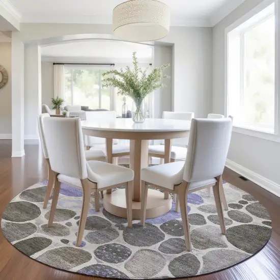 8' Chocolate Ivory And Purple Round Geometric Washable Indoor Outdoor Area Rug Photo 6