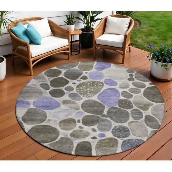 8' Chocolate Ivory And Purple Round Geometric Washable Indoor Outdoor Area Rug Photo 2