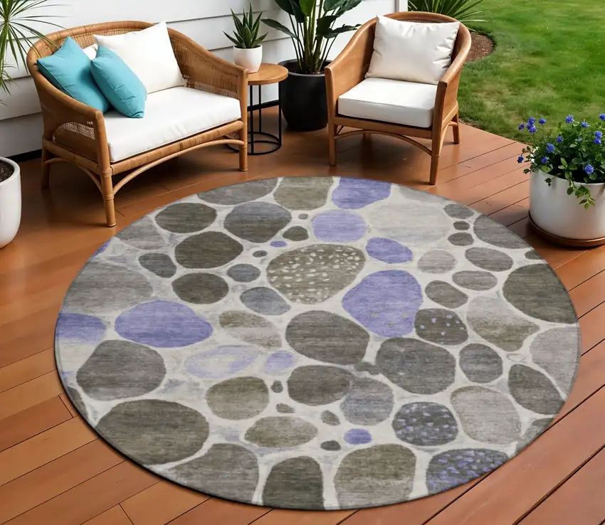 8' Chocolate Ivory And Purple Round Geometric Washable Indoor Outdoor Area Rug Photo 2