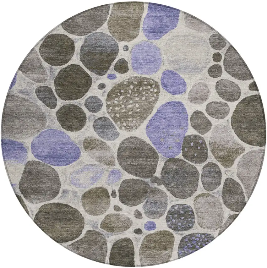 8' Chocolate Ivory And Purple Round Geometric Washable Indoor Outdoor Area Rug Photo 1