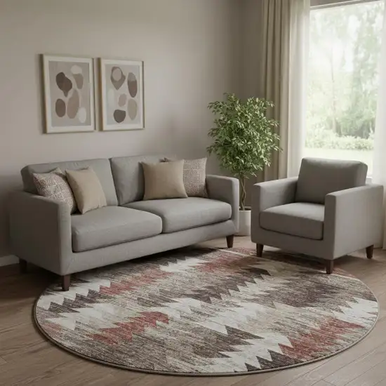 8' Chocolate Ivory And Rust Southwestern Washable Round Rug With UV Protection Photo 1