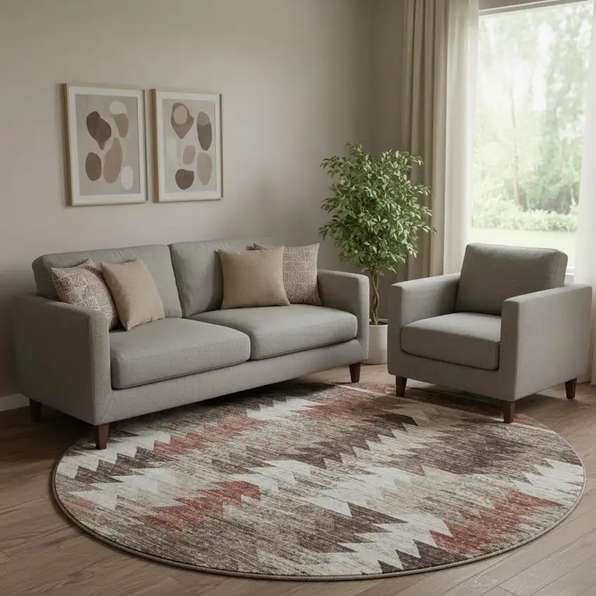 8' Chocolate Ivory And Rust Southwestern Washable Round Rug With UV Protection Photo 1