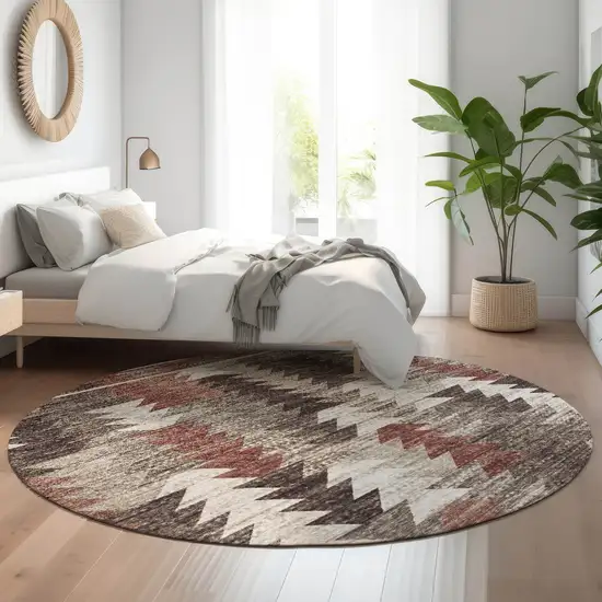 8' Chocolate Ivory And Rust Southwestern Washable Round Rug With UV Protection Photo 5