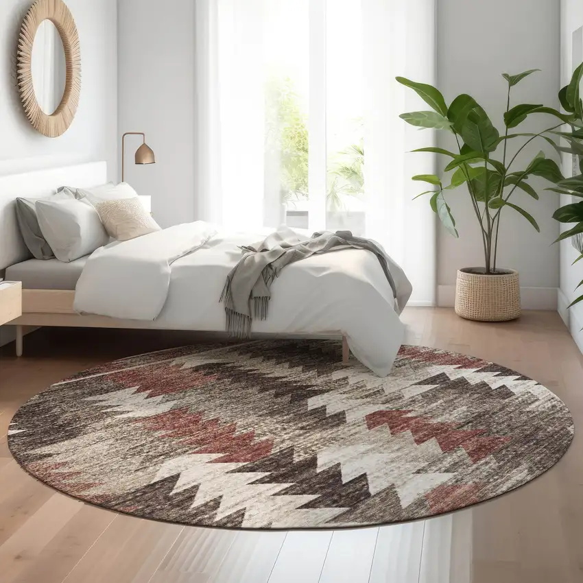 8' Chocolate Ivory And Rust Southwestern Washable Round Rug With UV Protection Photo 5