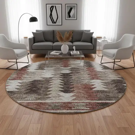 8' Chocolate Ivory And Rust Southwestern Washable Round Rug With UV Protection Photo 2