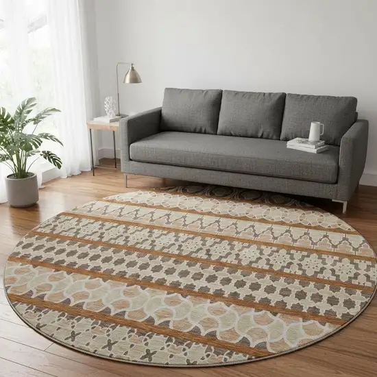 8' Chocolate Ivory And Taupe Ikat Washable Round Rug With UV Protection Photo 2
