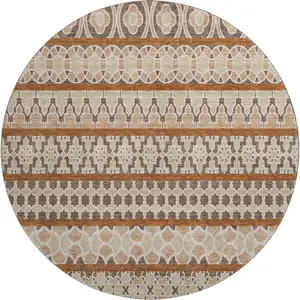 Photo of 8' Chocolate Ivory And Taupe Ikat Washable Round Rug With UV Protection