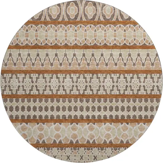 8' Chocolate Ivory And Taupe Ikat Washable Round Rug With UV Protection Photo 1